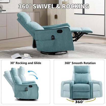 Trustyue Swivel Rocker Recliner Chair, 360° Swivel Recliner with Heat and Massage, Rocker Recliner Nursery Glider Chair with Side Pockets for Living Room (Beige, Fabric)