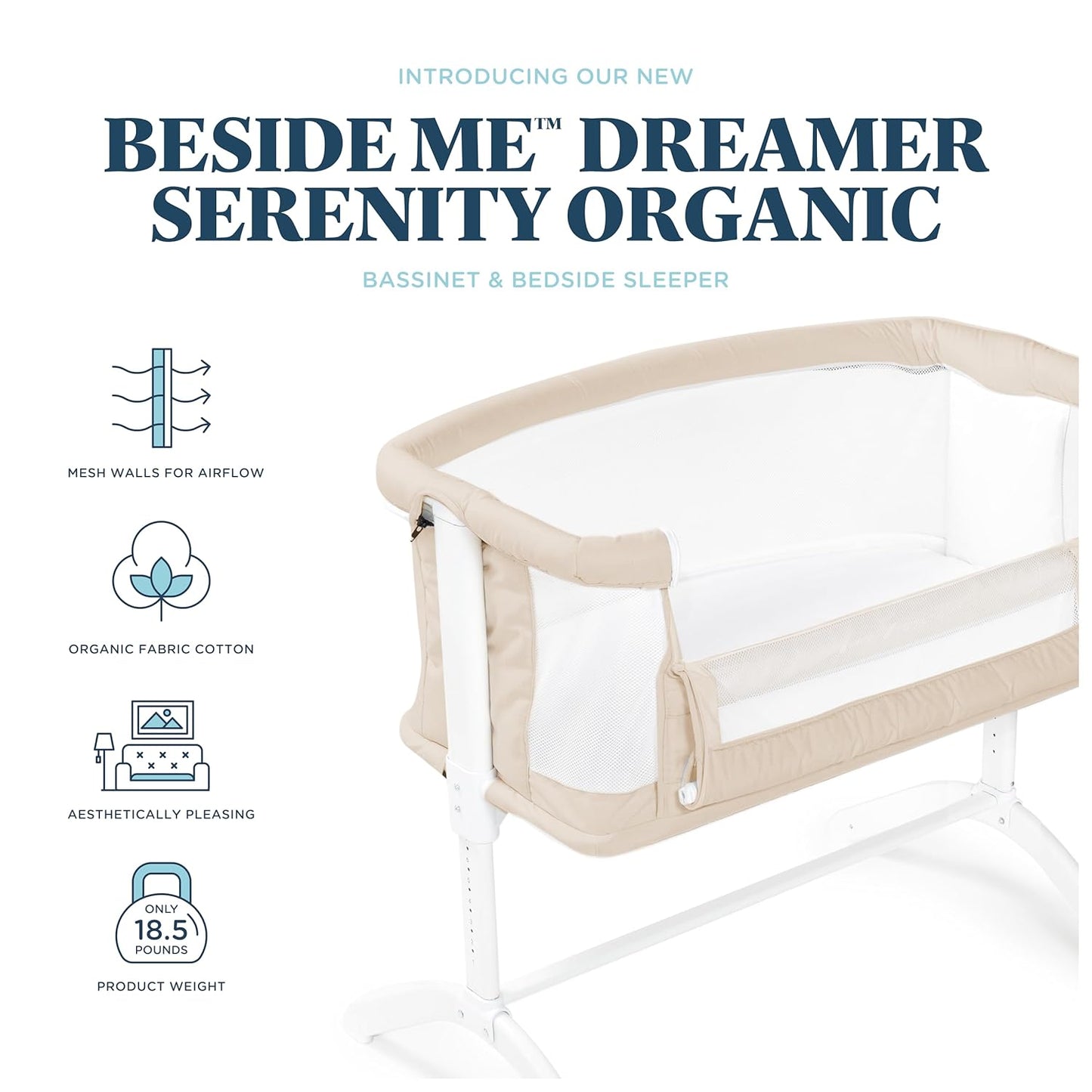 Baby Delight Beside Me Serenity Bassinet | Lightweight Bedside Sleeper & Baby Bassinet | 7-Position Height Adjustment | 100% GOTS Certified Organic Cotton Fabric | Organic Sage