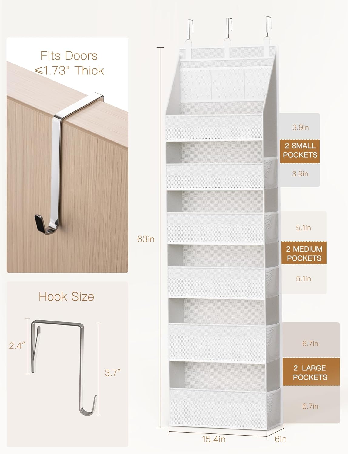 Criusia Over the Door Organizer, 6-Shelf Closet Hanging Storage with 13 Mesh Pockets, 55lbs Capacity Behind the Door Storage for Baby Nursery, Bathroom, Bedroom, and Dorm, Beige
