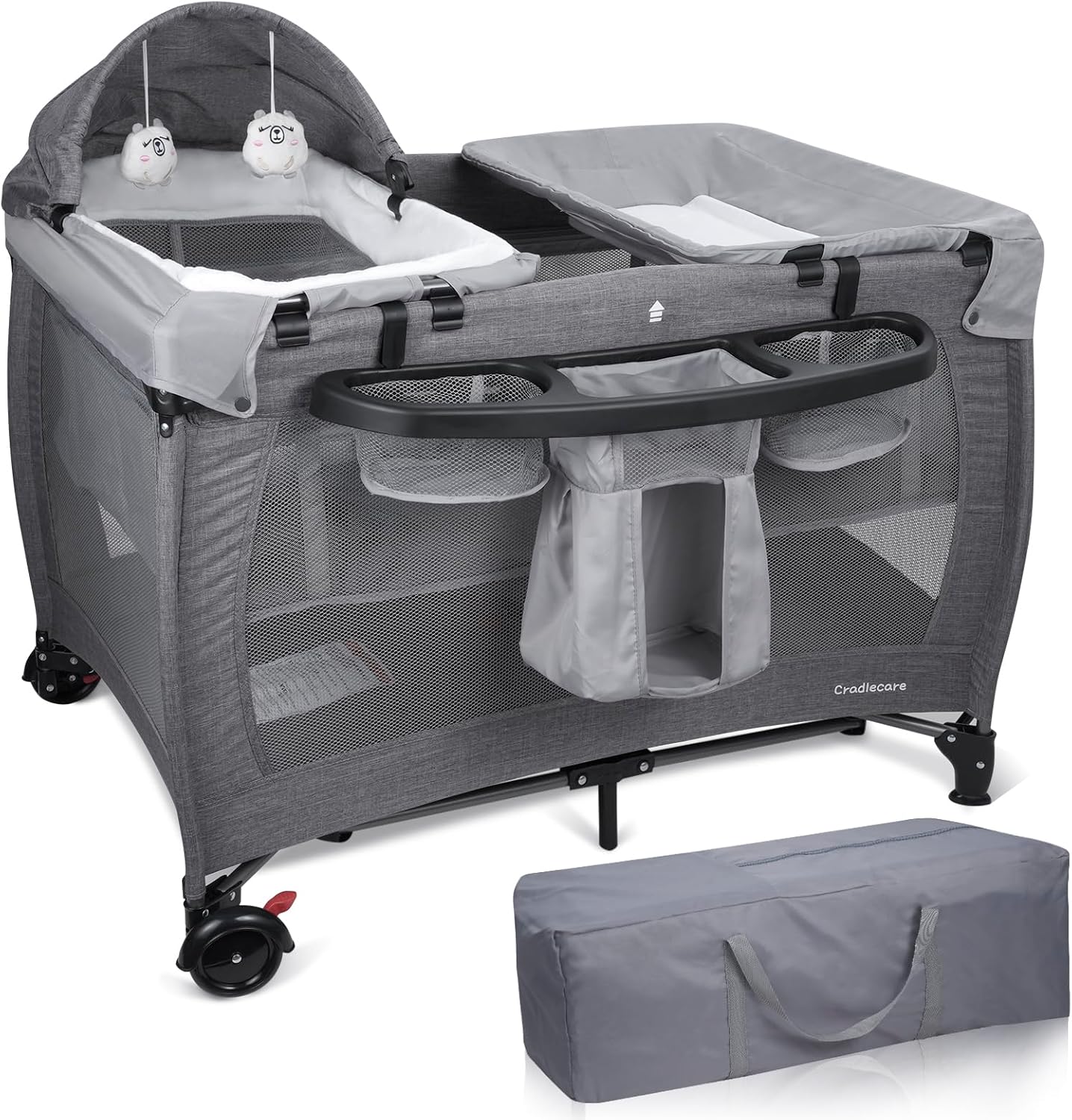 3 in 1 Pack and Play, Baby Bassinet, Changing Tabler - Portable Baby Playpen for Babies and Toddlers, Foldable Playard with Locking Wheels & Storage Diaper Basket(Black)