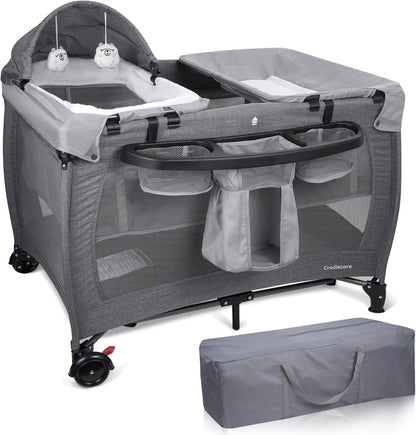 3 in 1 Pack and Play, Baby Bassinet, Changing Tabler - Portable Baby Playpen for Babies and Toddlers, Foldable Playard with Locking Wheels & Storage Diaper Basket(Black)