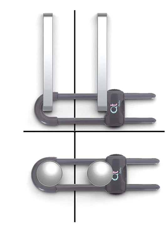 QT BABY - Pack of 12 - Baby Proofing Cabinet Locks Adjustable U Shaped Baby Safety Latches for Drawers, Fridge, Closet Modern Baby Proofing Cabinet Lock with Extra Secure Lock Buttons (Thunder Grey)