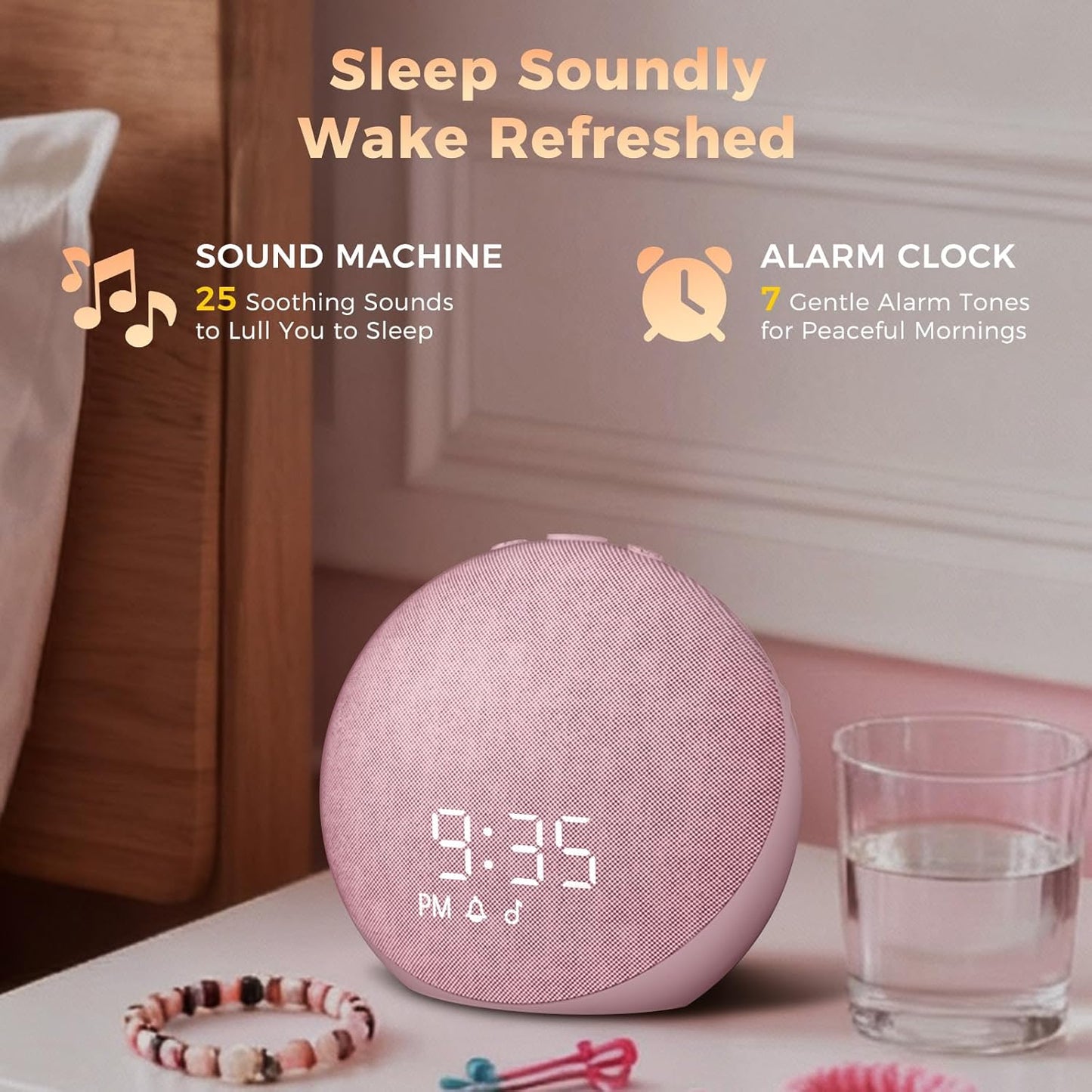 Sound Machine Alarm Clock for Bedroom: 25 Natural Sleep Sounds - White Noise Machine for Adults Kids Baby - Gentle Wake Up Alarm with Bluetooth Speaker - Putty