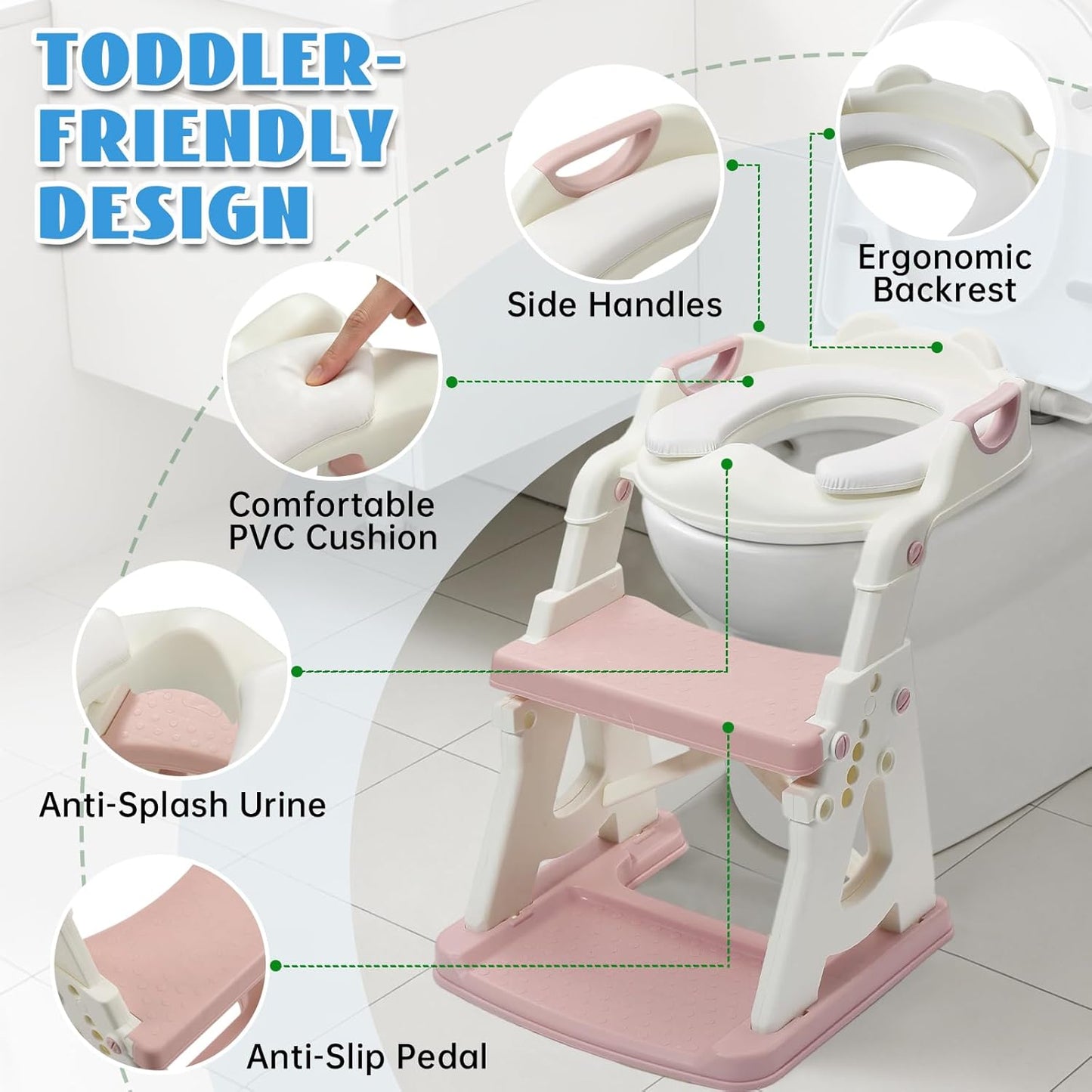 Potty Training Toilet Seat, Stable Potty Training Seat with Step Stool, 2 in 1 Toddler Toilet Seat with Steps for Kids Boys Girls, Toddler Potty Seat with Ladder, Splash Guard, Anti-Slip Pads (Gray)