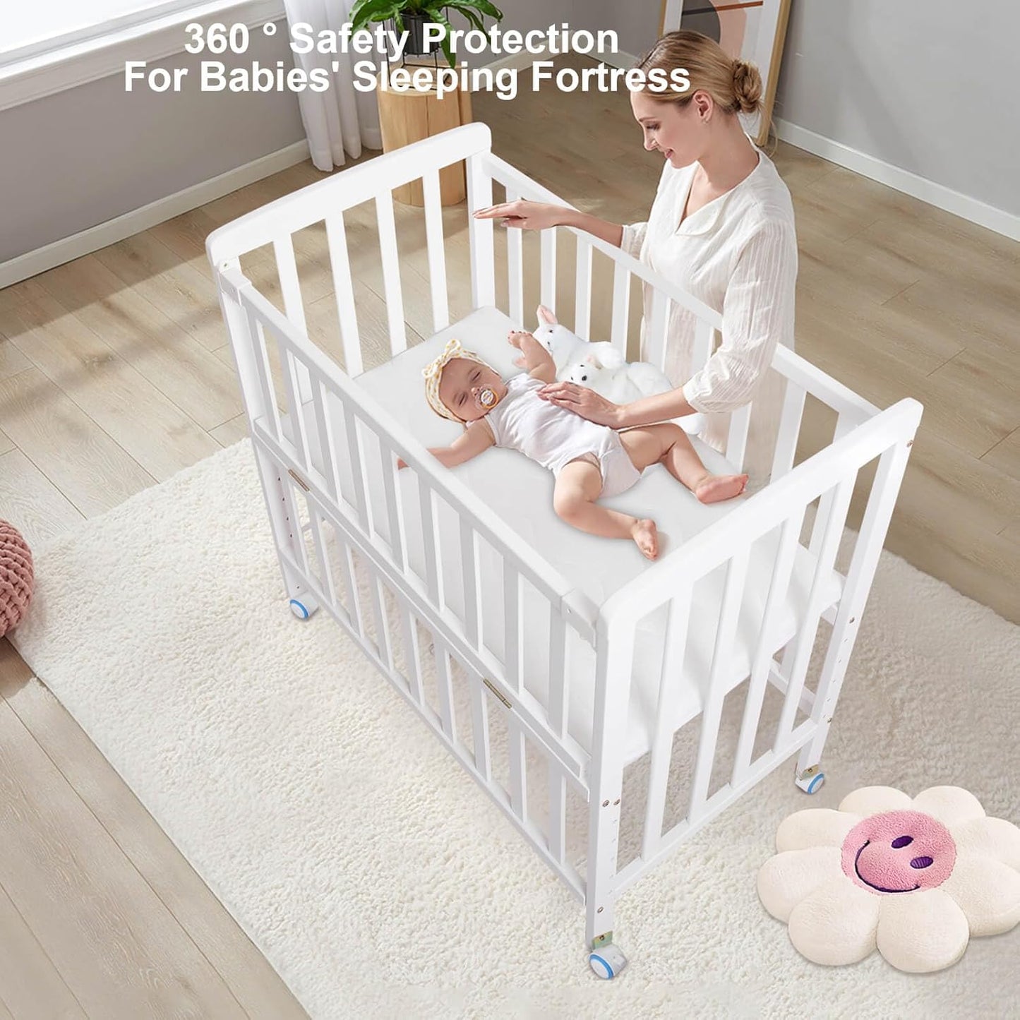 Flwrgirl Baby Bassinets Bedside Sleeper - Portable Pine Wood Bedside Bassinet with Mattress,3 Heights Small Mini Crib,Baby Crib for Newborns,Unpainted | Pine Wood Bassinet, Mattress Included, 3-IN-1 Convertible, Adjustable Height, Locking Wheels, Portalbe