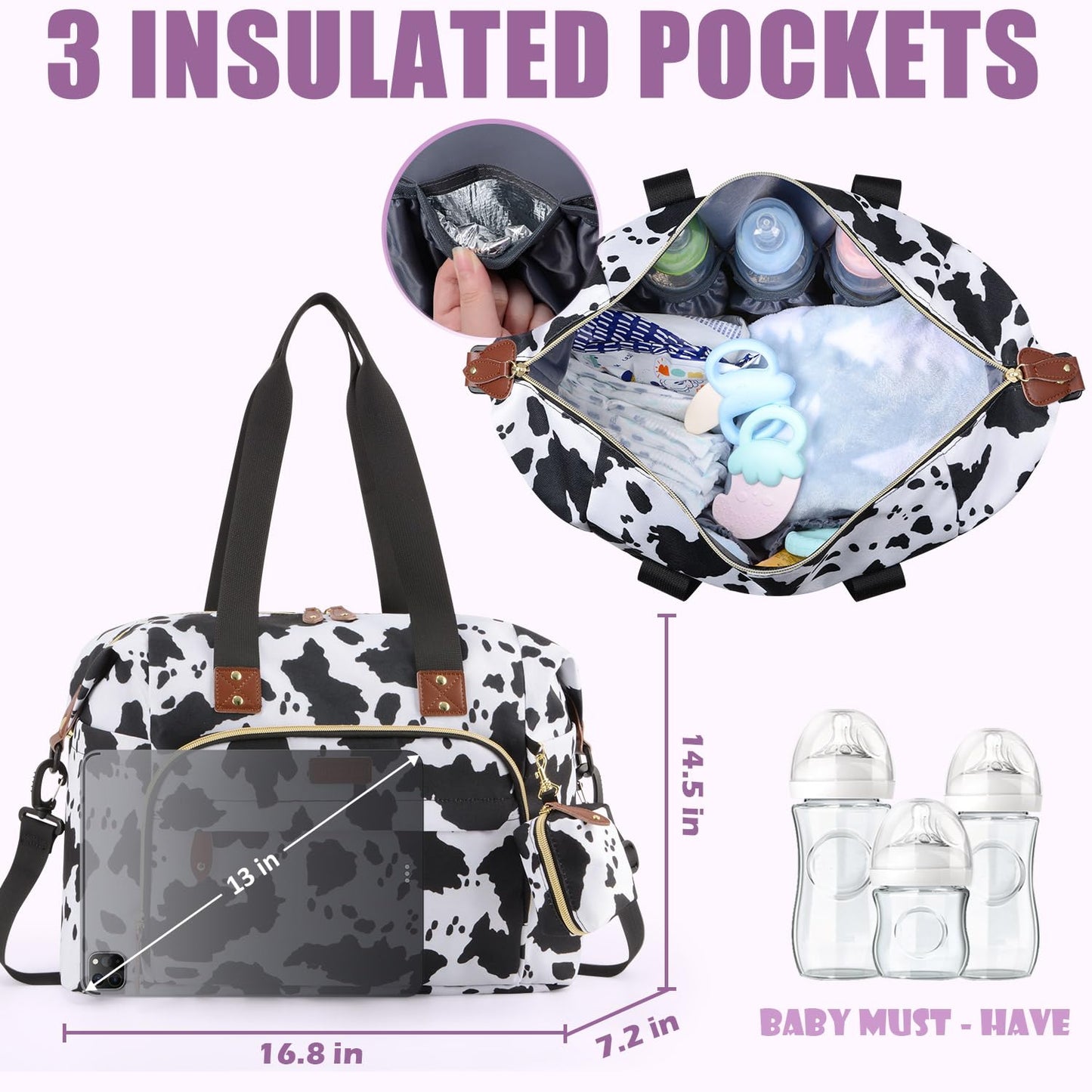 Tuwubi Diaper Bag Tote,Baby Diaper Bag with Pacifier Case Large Travel Diaper Tote Caddy for Mom and Dad Multifunction Large Baby Bag - M-Pink