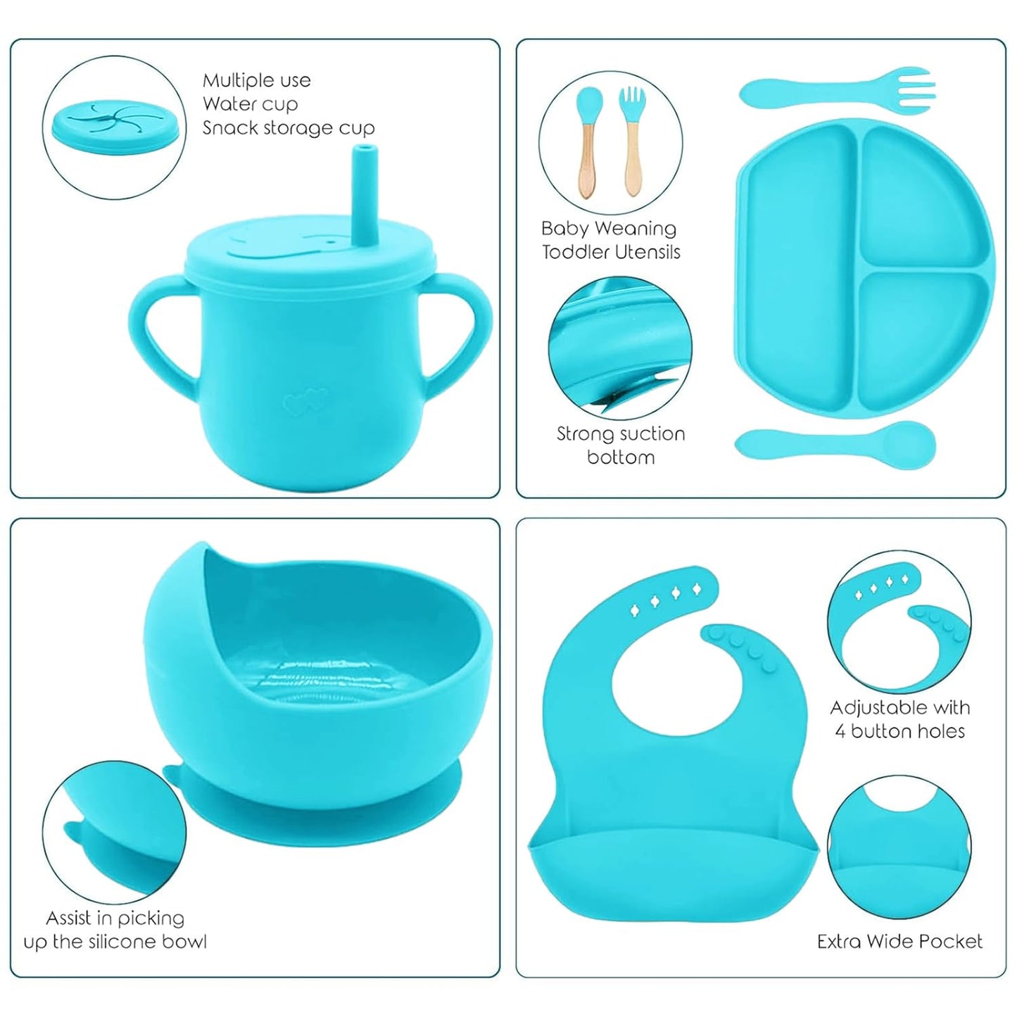 100% Silicone Baby Feeding Set, BPA Free Baby Dishes with Suction Bowl, Divided Plate, Toddler Self Feeding Dish Set with Spoons, Forks, Sippy Cup and Bib, Baby Eating Utensils (Navy Blue)