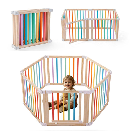 Baby Wooden Playpen, Foldable Shape & Size Adjustable Playpen for Toddler and Babies, Wood Baby Play Yard with Locking Gate, Large Pack and Play for Play Area Indoor(Multicolor, 6 Panel)