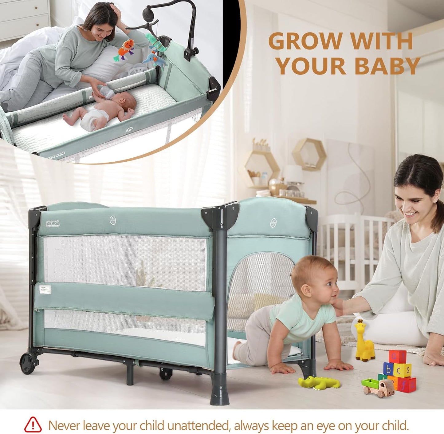 JOYMOR Baby Bedside Bassinet, Baby Bassinet, Pack n Play Convert Playpen, Quick Foldable Travel Bed with Wheels & Brake, Carry Bag for Boys Girls (Gray)