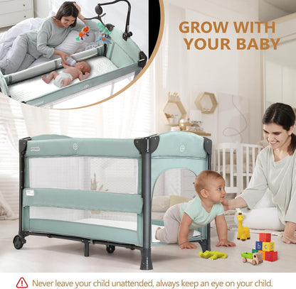 JOYMOR Baby Bedside Bassinet, Baby Bassinet, Pack n Play Convert Playpen, Quick Foldable Travel Bed with Wheels & Brake, Carry Bag for Boys Girls (Gray)