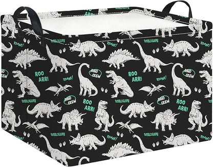 Rectangle Storage Basket with Handles,Collapsible Storage Bin,Books Box,Gift Basket(Green Word Dinosaur)