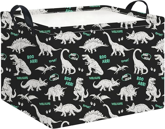 Rectangle Storage Basket with Handles,Collapsible Storage Bin,Books Box,Gift Basket(Green Word Dinosaur)
