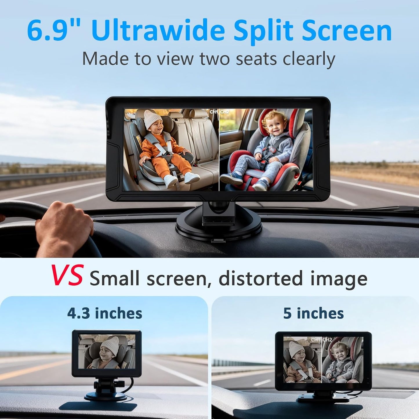 Dual Baby Car Camera for 2 Kids – 6.9” Split Screen Ultrawide HD Display with 2 Cameras, IR Night Vision, Easy Installation, Dual Car Camera Baby Monitor for Infant & Toddler Safety by Fodkh
