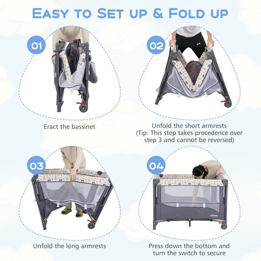 INFANS Pack and Play, 5 in 1 Baby Bedside Sleeper with Bassinet, Diaper Changer, Mattress, Carry Bag, Music Box Hanging Toys, Foldable Bedside Crib, Portable Playard for Newborn Toddlers (Gray)