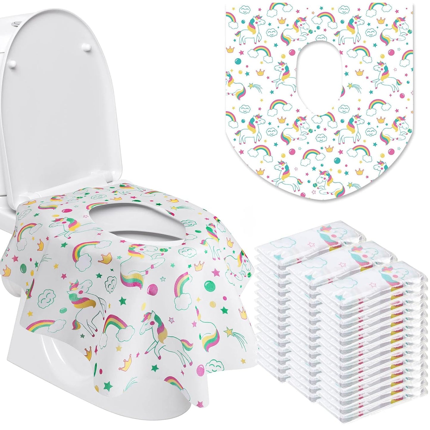 50 Packs Disposable Toilet Seat Covers Extra Large Individually Wrapped for Kids and Adults, Portable Non Slip Waterproof Potty Seat Covers for Toddlers Potty Training, Travel (Rainbow)