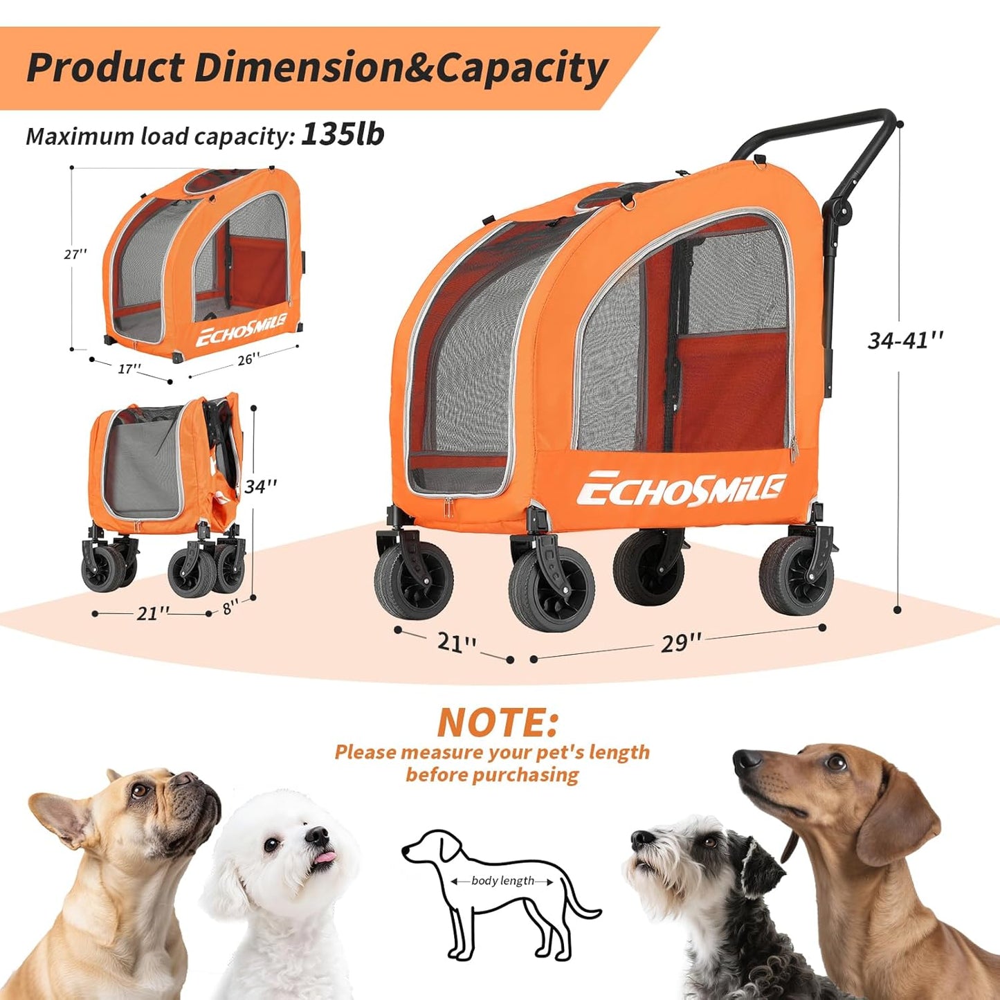 EchoSmile 4 Wheels Pet Stroller, Dog & Cat Stroller for All-Season, Lightweight Carrier with Storage Basket, Adjustable Handle, Removable Pad, Breathable Mesh, Up to 135 lbs, Grey