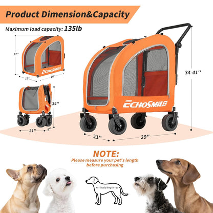EchoSmile 4 Wheels Pet Stroller, Dog & Cat Stroller for All-Season, Lightweight Carrier with Storage Basket, Adjustable Handle, Removable Pad, Breathable Mesh, Up to 135 lbs, Grey