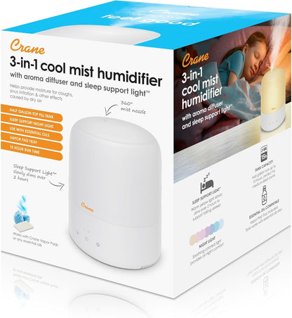 Crane Top Fill Mini Humidifier for Bedroom and Nursery 3-In-1 Essential Oil Diffuser Sleep Light 0.5 Gallon Baby Humidifier
