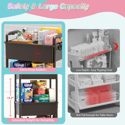 SUNALLY Baby Diaper Caddy Cart, 3 Tier Rolling Diaper Cart with Lockable Wheels for Nursery Essentials, Large Capacity & Easy Assemble Diaper Storage Organizer for Newborn,New Mom, White