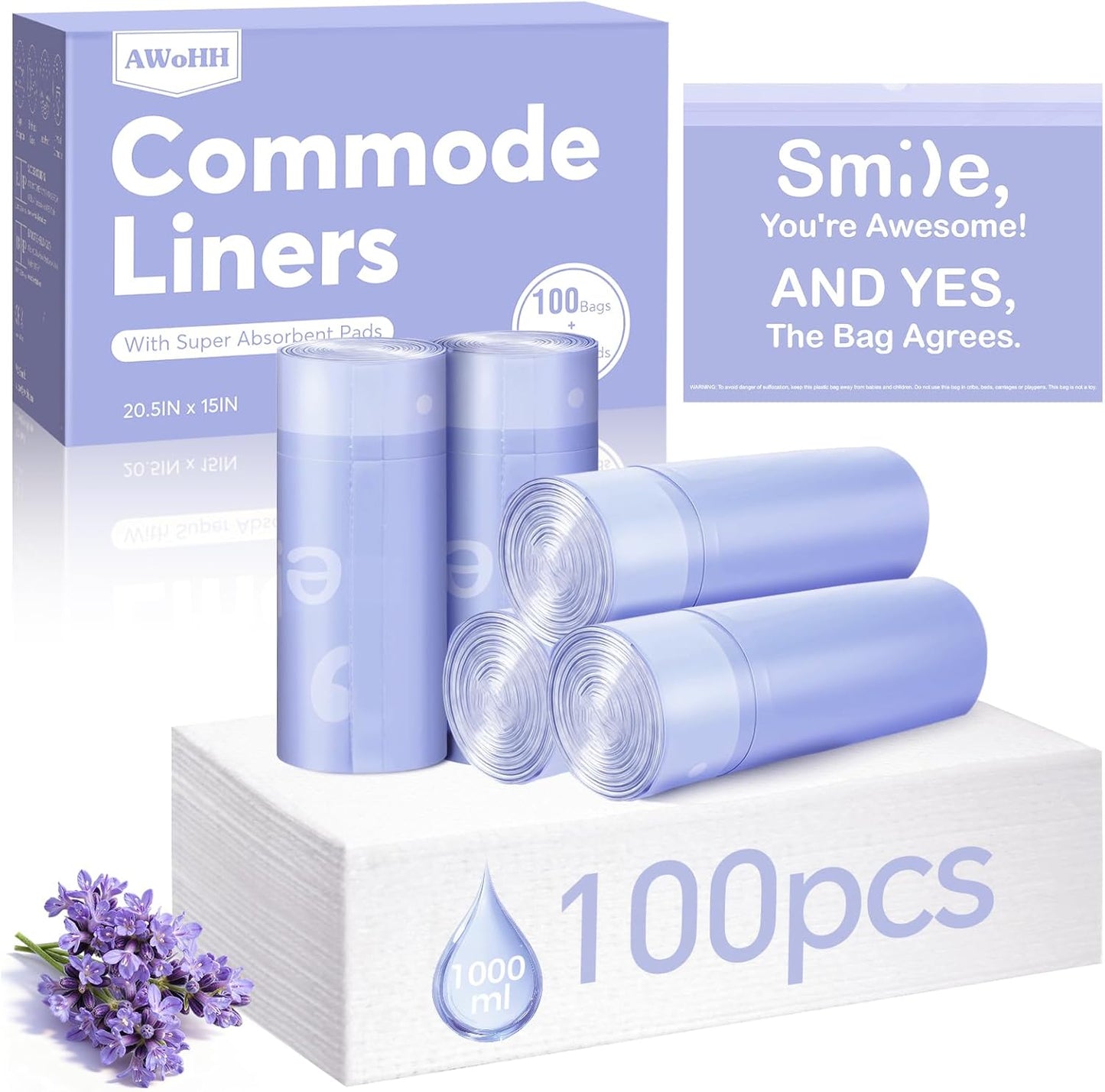 30 Pcs Bedside Commode Liners with Absorbent Pads, Tear-Free Leak-Proof Lavender Scented Commode Liners and Pads, Odor-Free Portable Toilet Liners & Potty Chair Bags for Disposable Adult, Bedpan