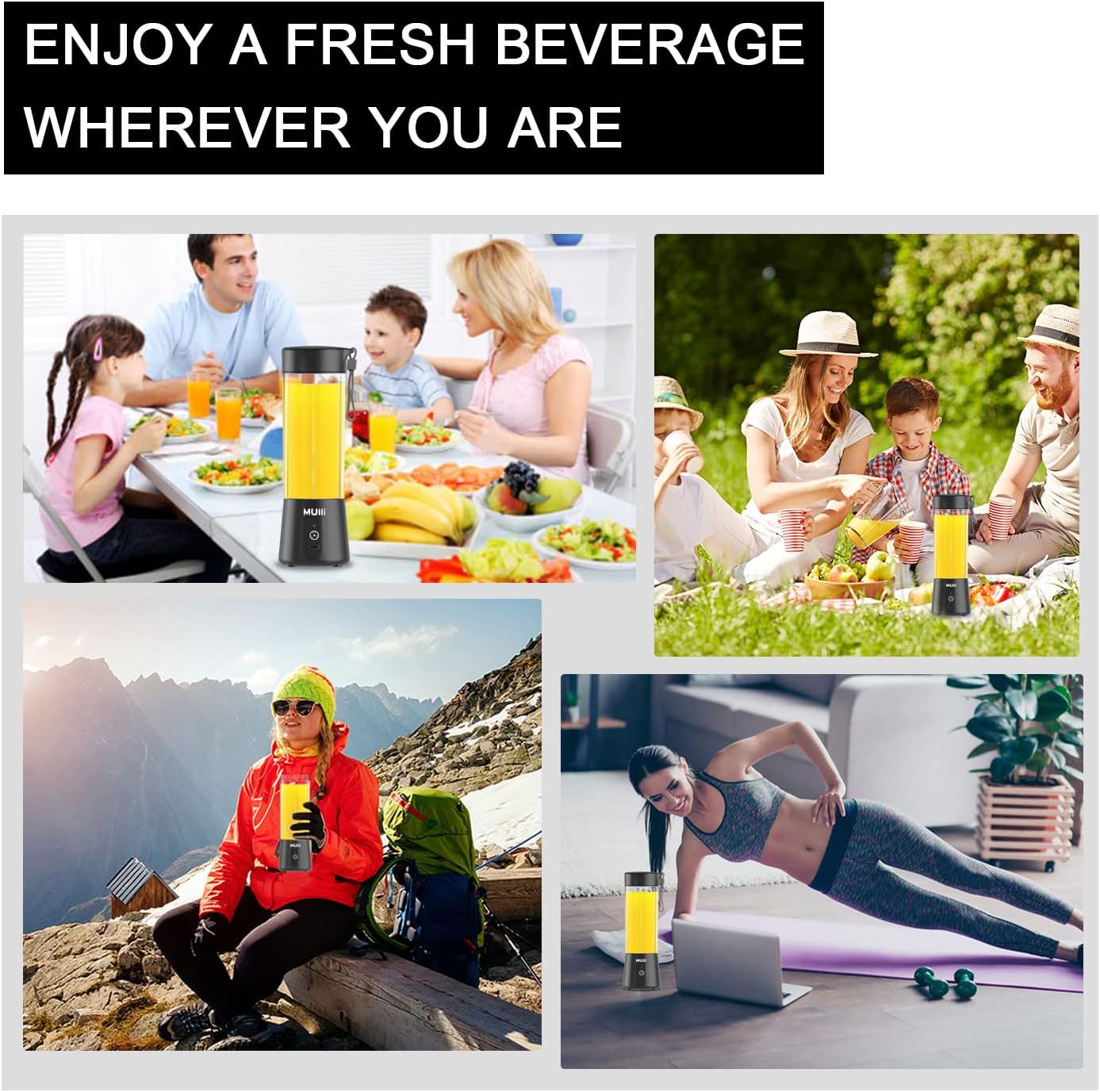 ‌Mulli Portable Blender 14oz-USB Rechargeable Smoothie Maker with 6 Stainless Steel Blades, Personal Mini Blender for Shakes, Baby Food, Travel, Gym & Kitchen, BPA-Free