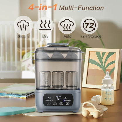 AMZBABYCHEF 4-in-1 Baby Bottle Steamer and Dryer, Electric Steamer with Fast Drying, Universal Fit for All Bottles, LED Touch Screen & Auto Shut-Off Protection (Grey)