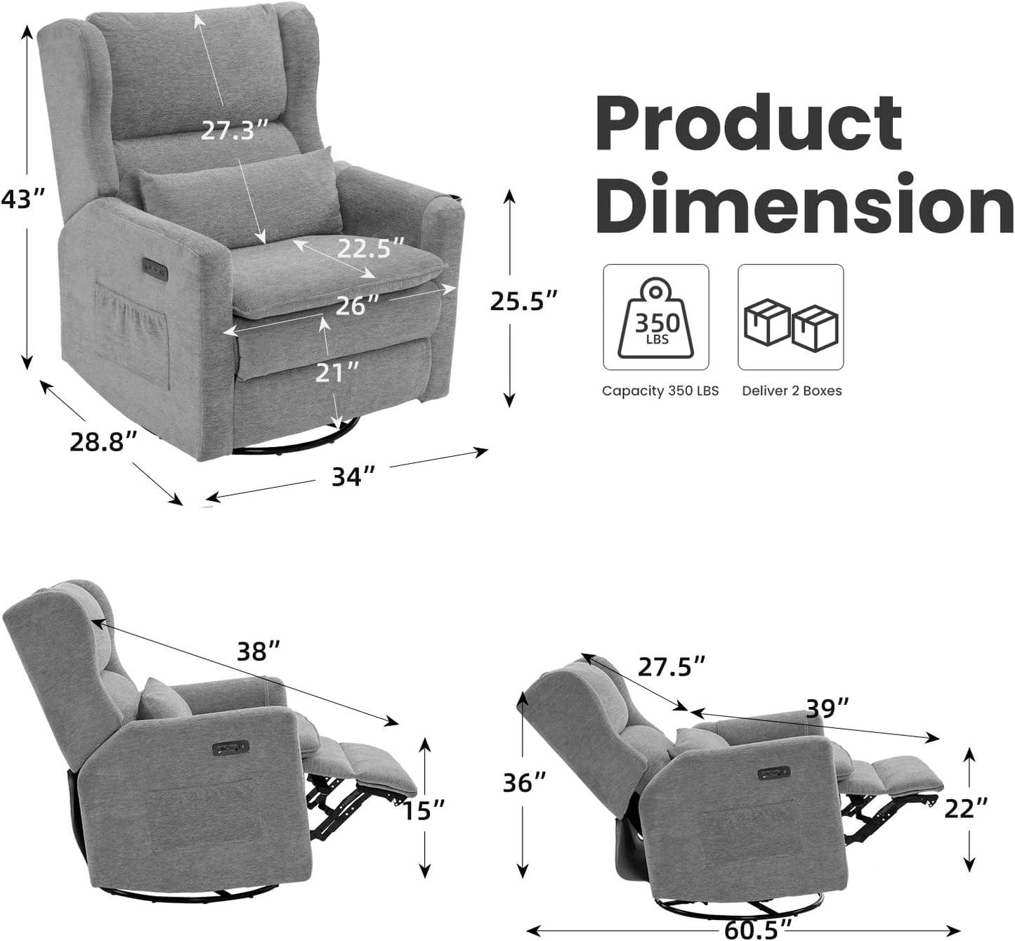 Power Recliner Chair Swivel Glider with Adjustable Headrest，Oversized Swivel Rocker Recliner with Lumbar Support, Upholstered Nursery Glider Recliner for Living Room,White