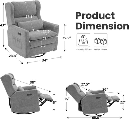 Power Recliner Chair Swivel Glider with Adjustable Headrest，Oversized Swivel Rocker Recliner with Lumbar Support, Upholstered Nursery Glider Recliner for Living Room,White
