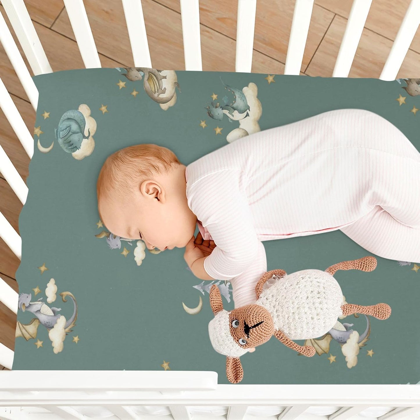 Pfrewn Crib Sheets for Boys Girls Dragon Baby Animals Retro Fitted Crib Sheet for Mini Crib Mattress Stretch Soft Toddler Baby Playard Sheet,39x27IN