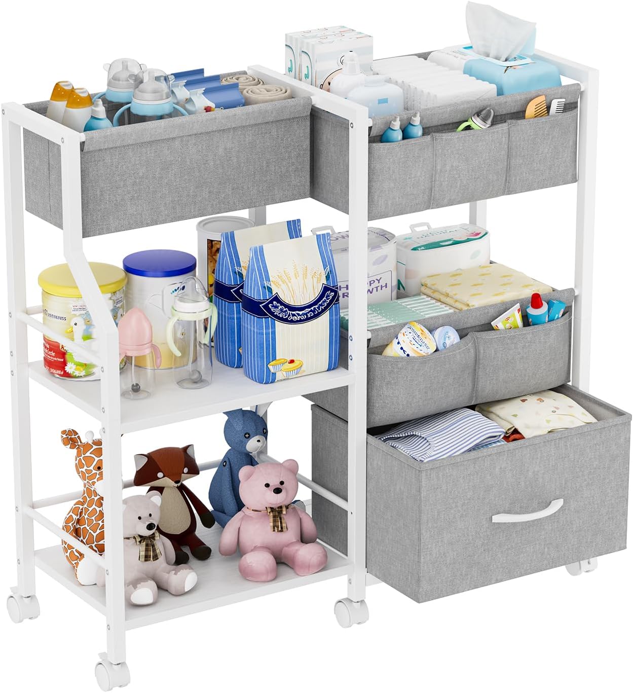 Baby Diaper Caddy Organizer and Storage, 3 Tier Rolling Cart with Dividers and Drawers, Mobile Utility Cart with Wheels for Nursery, Bedroom, Baby Newborn Essentials Storage Cart, White