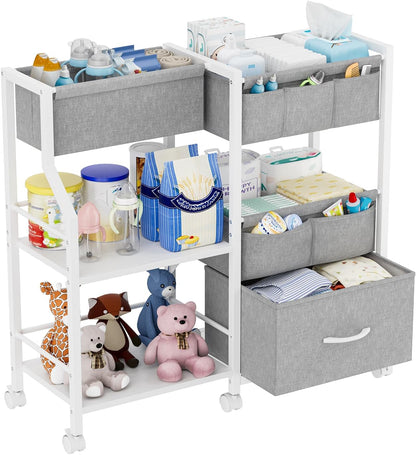 Baby Diaper Caddy Organizer and Storage, 3 Tier Rolling Cart with Dividers and Drawers, Mobile Utility Cart with Wheels for Nursery, Bedroom, Baby Newborn Essentials Storage Cart, White