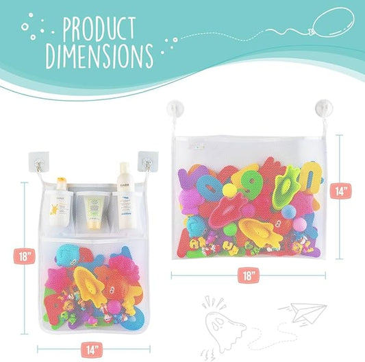Comfylife 2 x Mesh Bath Toy Organizer + 6 Ultra Strong Hooks + 36 Bath Letters & Numbers – Eco-Safe, Fun, Educational Foam Letters and Perfect Toy Storage Net for Baby Bath Toys & More
