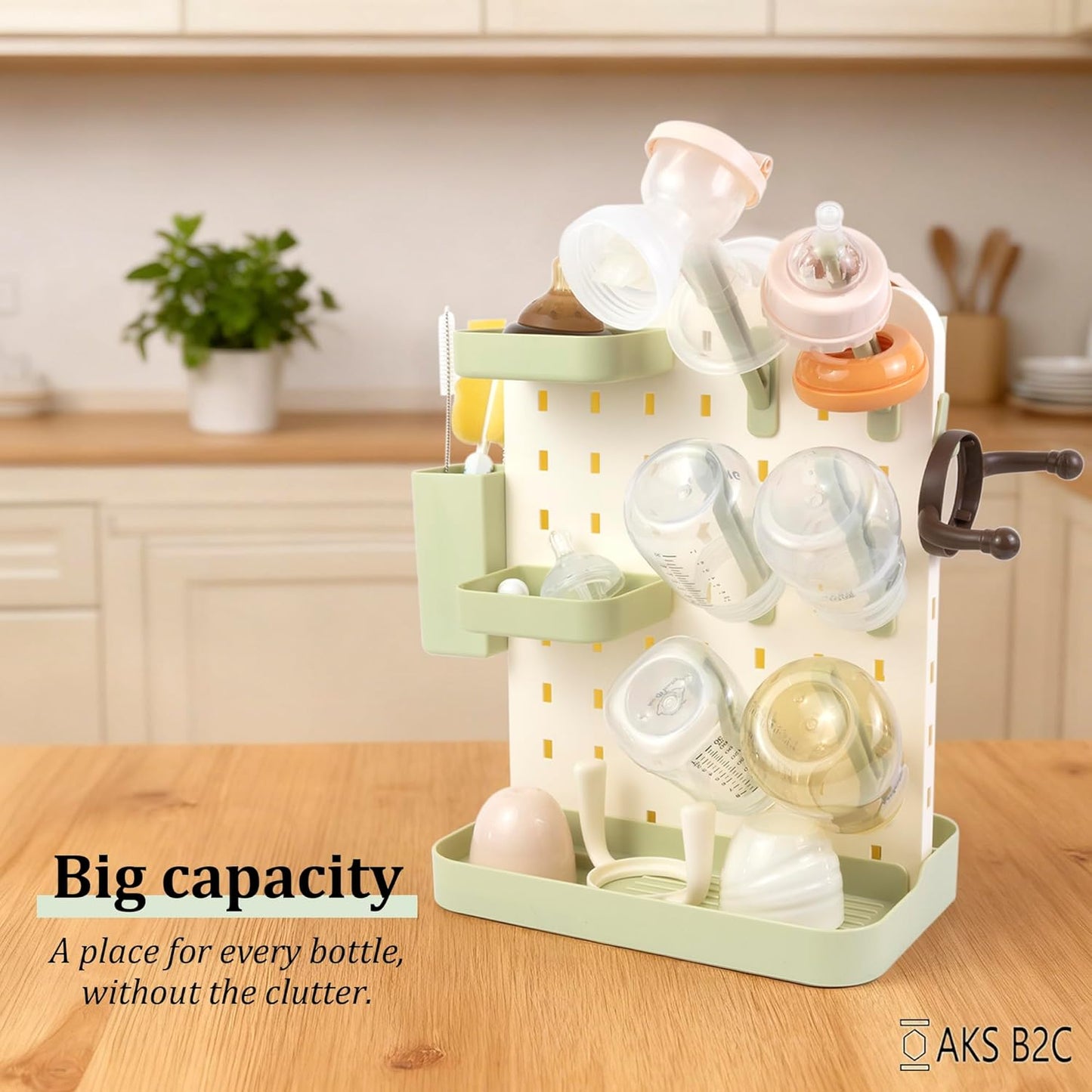 Baby Bottle Drying Rack Space Saving Countertop Vertical Rack with Brushes Holder (Pink)