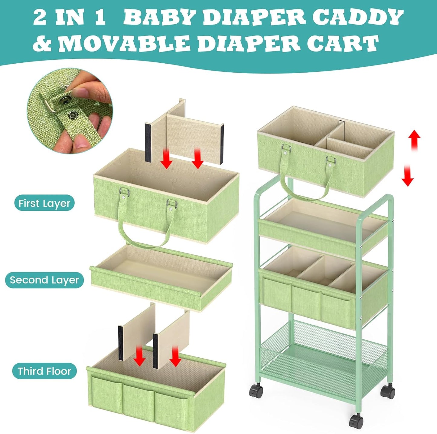 LIDTOP 2In1 Baby Diaper Caddy & 3-Tier Rolling Diaper Cart, Diaper Caddy Organizer Cart with Dividers, Mobile Metal Utility Cart for Nursery Essentials, Detachable Bedside Cart, Large Capacity
