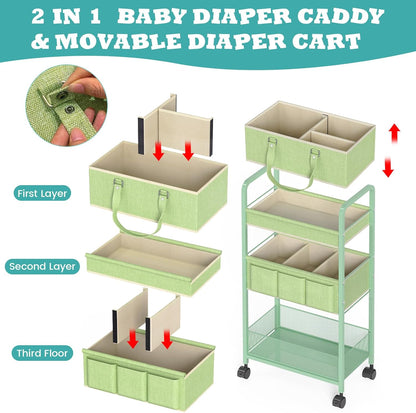 LIDTOP 2In1 Baby Diaper Caddy & 3-Tier Rolling Diaper Cart, Diaper Caddy Organizer Cart with Dividers, Mobile Metal Utility Cart for Nursery Essentials, Detachable Bedside Cart, Large Capacity