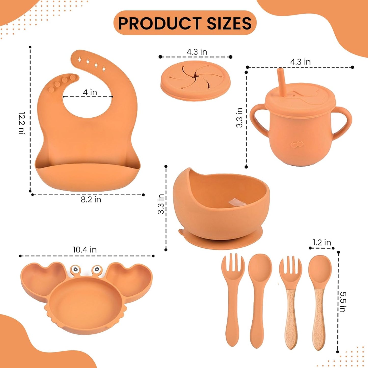 Silicone Baby Feeding & Weaning Set – Food-Grade Baby Led Weaning Supplies with Suction Plate, Bowl, Bib, Sippy Cup & Soft Spoon Fork – Dishwasher & Microwave Safe (Brown)
