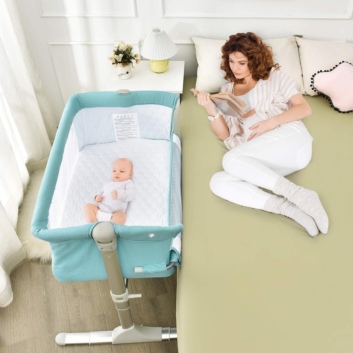 BABY JOY Baby Bedside Crib, Portable Travel Sleeper Bed Side Bassinet w/Carrying Bag, Newborn Bassinet to Infant, Kids Crib with Detachable Mattress, Height Adjustable Design, Breathable Mesh, Grey