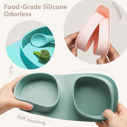 Baby Plates with Suction with Forks and Spoons, Foldable Silicone Toddler Plates, Baby Travel Essential, Microwave & Dishwasher Safe, Purple