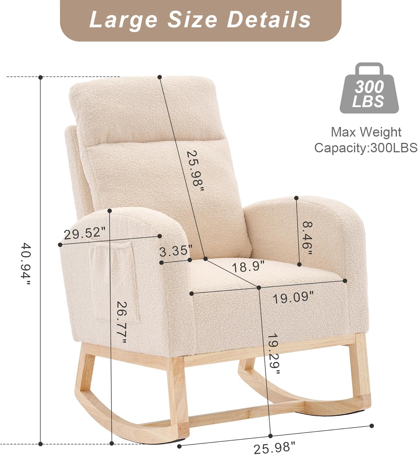 Nursery Rocking Chair with Solid Wood Legs, Glider Chair for Nursery with Two Side Pockets, Rocker Armchair for Living Room Bedroom (Ivory White, Teddy Fabric)