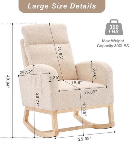 Nursery Rocking Chair with Solid Wood Legs, Glider Chair for Nursery with Two Side Pockets, Rocker Armchair for Living Room Bedroom (Ivory White, Teddy Fabric)