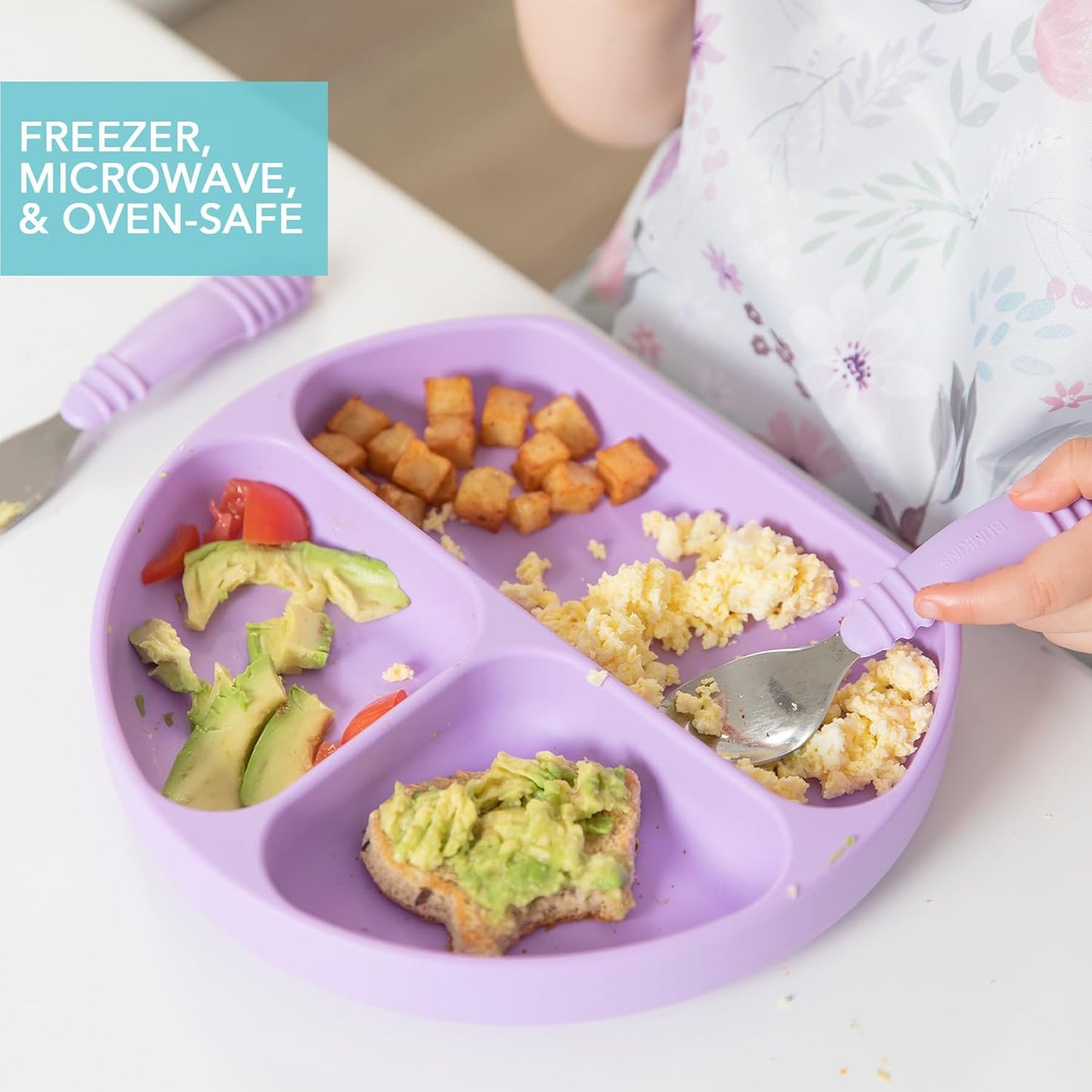 Bumkins Toddler and Baby Suction Plate, Divided Grip Dish for Babies and Kids, Baby Led Weaning, Feeding Supplies, Sticks to Tables and Highchairs, Platinum Silicone, for Chidren 6 Months, Gray