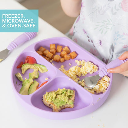 Bumkins Toddler and Baby Suction Plate, Divided Grip Dish for Babies and Kids, Baby Led Weaning, Feeding Supplies, Sticks to Tables and Highchairs, Platinum Silicone, for Chidren 6 Months, Gray