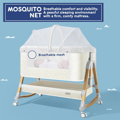 HARPPA Cuddly Bassinet, 3 in 1 Baby Bassinet, Rocking Bedside Bassinet with Wheels, 5 Height Adjustable, Includes Mosquito Net, Mattress, Anchor Strap