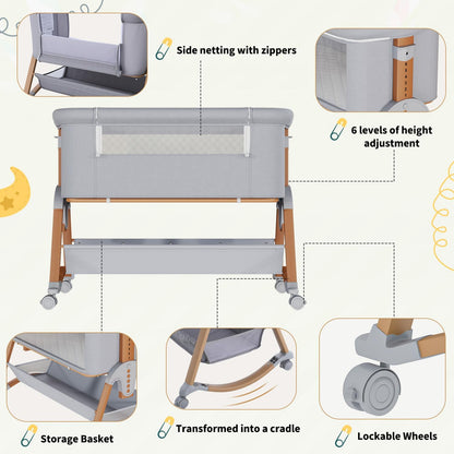 5-in-1 Baby Bassinet Bedside Sleeper with Swing Tube Converts to Cradle, Baby Crib with Mattress, Detachable Diaper Changer, Mosquito Net and Toy - Black