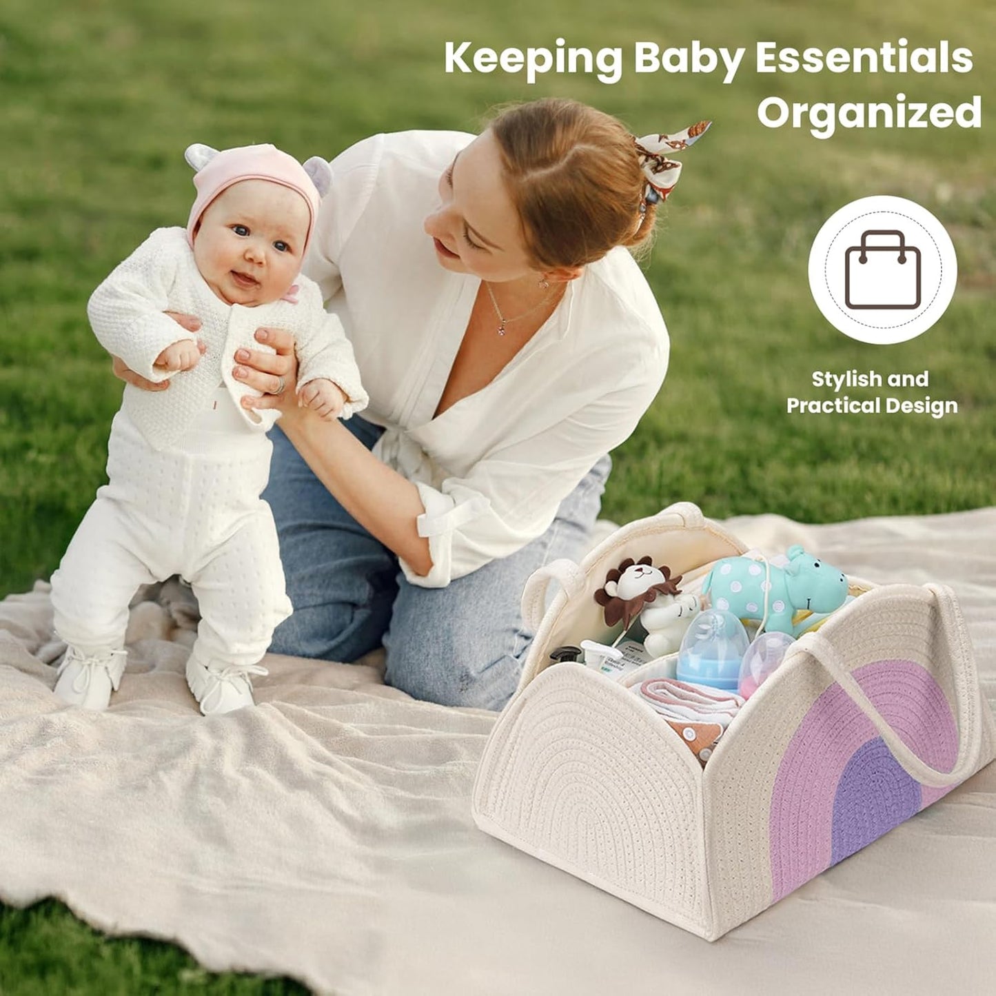 Baby Diaper Caddy- With Removable Dividers, Nursery Storage Bin and Car Organizer,Boy & Girl Shower Gift Basket,Portable Organizer,Nursery Essentials-Rainbow Purple