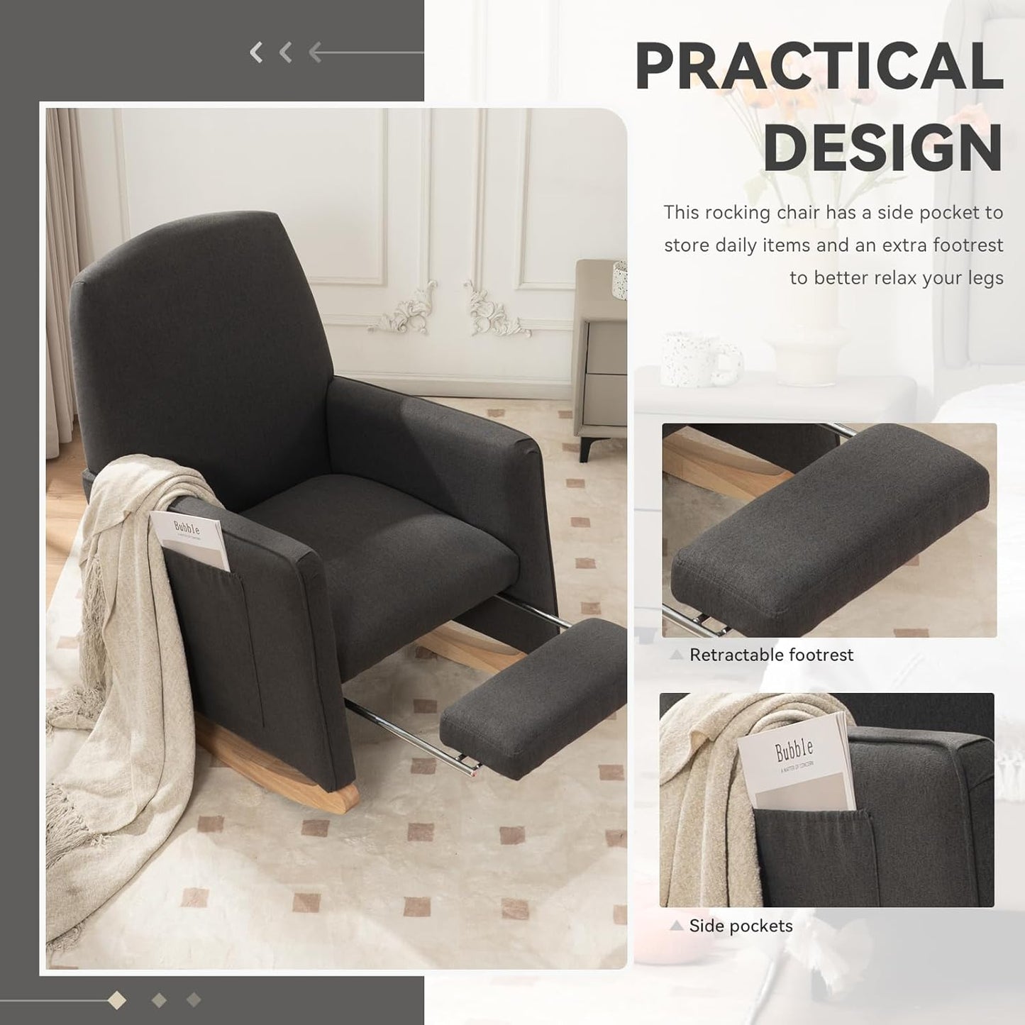 FOXHUNTER Rocking Chair Nursery with Adjustable Footrest and High Backrest, Upholstered Glider Chairs with Side Pockets for Nursery, Rocker Armchair Indoor for Living Room,Beige
