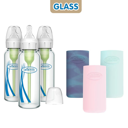 Dr. Brown's Anti-Colic Options+ Narrow Glass Baby Bottles 8 oz/250 mL, with Level 1 Slow Flow Nipple, 3 Pack 0m+ with Mint 100% Silicone Sleeves, BPA-Free