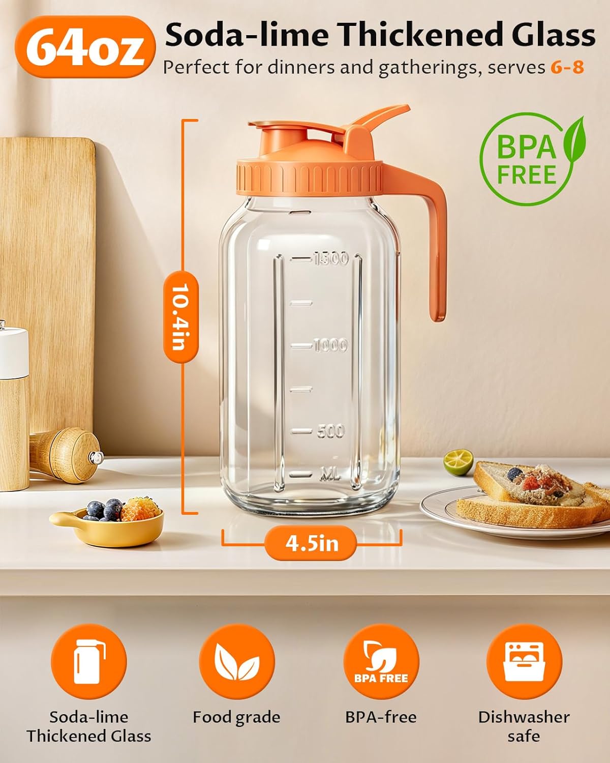 64oz Glass Breast Milk Pitcher with Lid & Pour Spout, 2 Quart Airtight Leakproof BreastMilk Fridge Storage Container - Wide Mouth, Dishwasher Safe Formula Pitcher with Handle