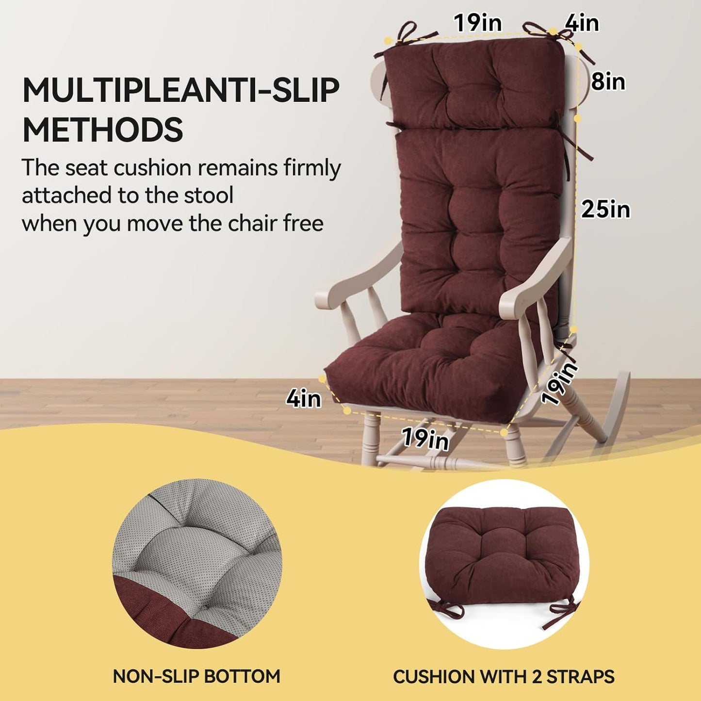 Millsilo Rocking Chair Cushions 3-Piece Set with Neck Pillow, Indoor Rocker Comfortable Tufted Non-Slip Pads with Ties, High-Density Foam Cushion for Adirondack Glider Chair, Orange, 52 x 19 x 4 Inch
