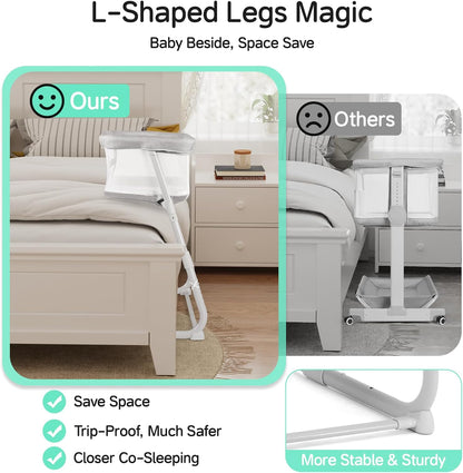 Cowiewie Bassinet Bedside Sleeper,Baby Bassinet Slides Over Bed,5-Position Height Adjustment & Breathable All-Mesh Wall Bedside Bassinet for Baby,Space-Saving Bedside Crib, Height(37.4-41.3"), White